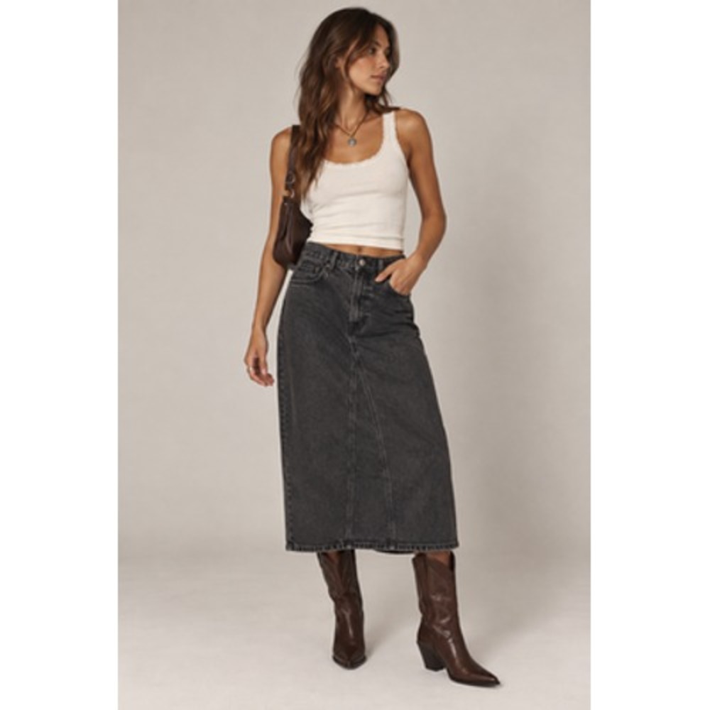 Zara Denim Midi Skirt Womens Medium Black Straight High Waist Western Y2K Rodeo